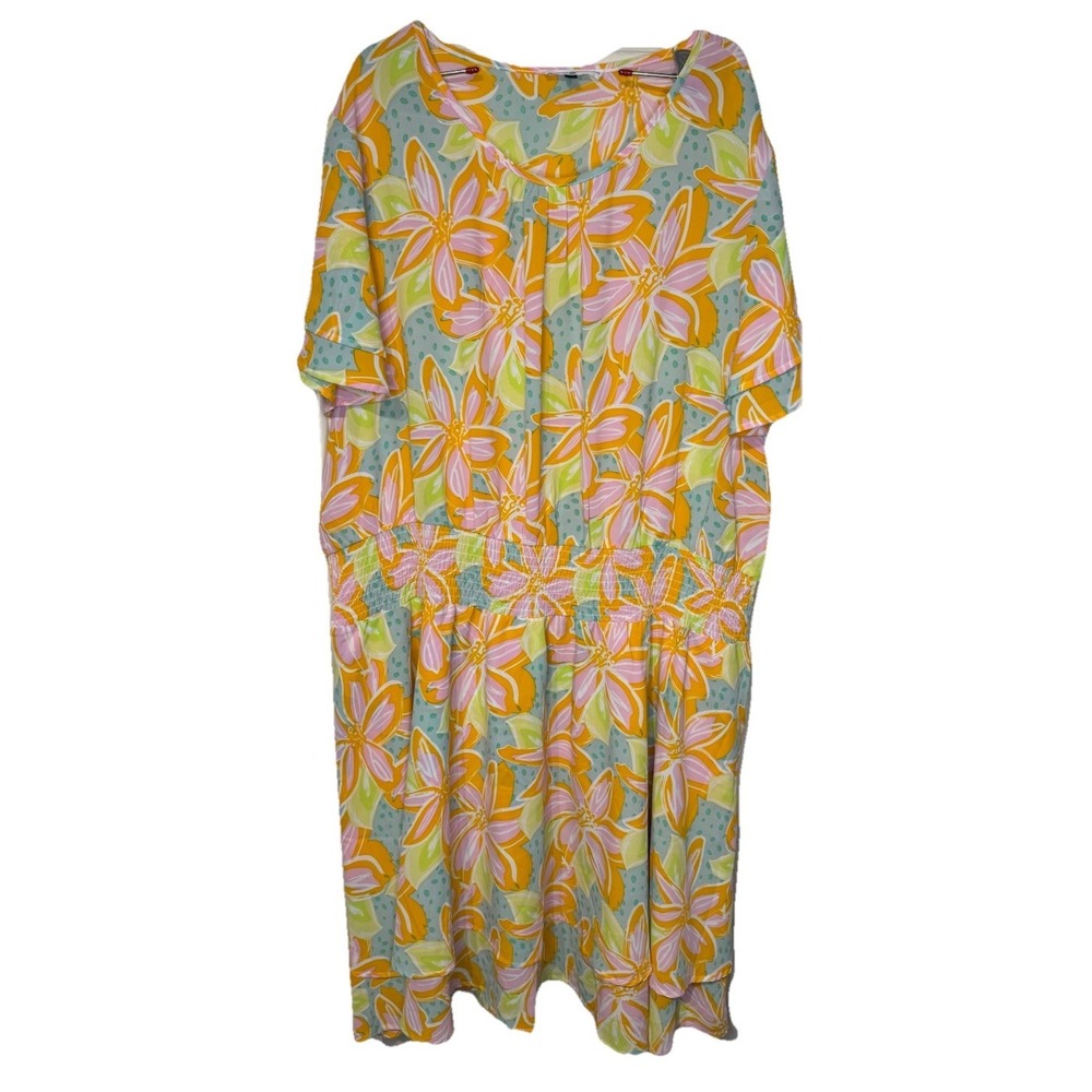 Michelle McDowell‎ Women's Dress Colorful Floral Print Midi Smocked Waist XXL